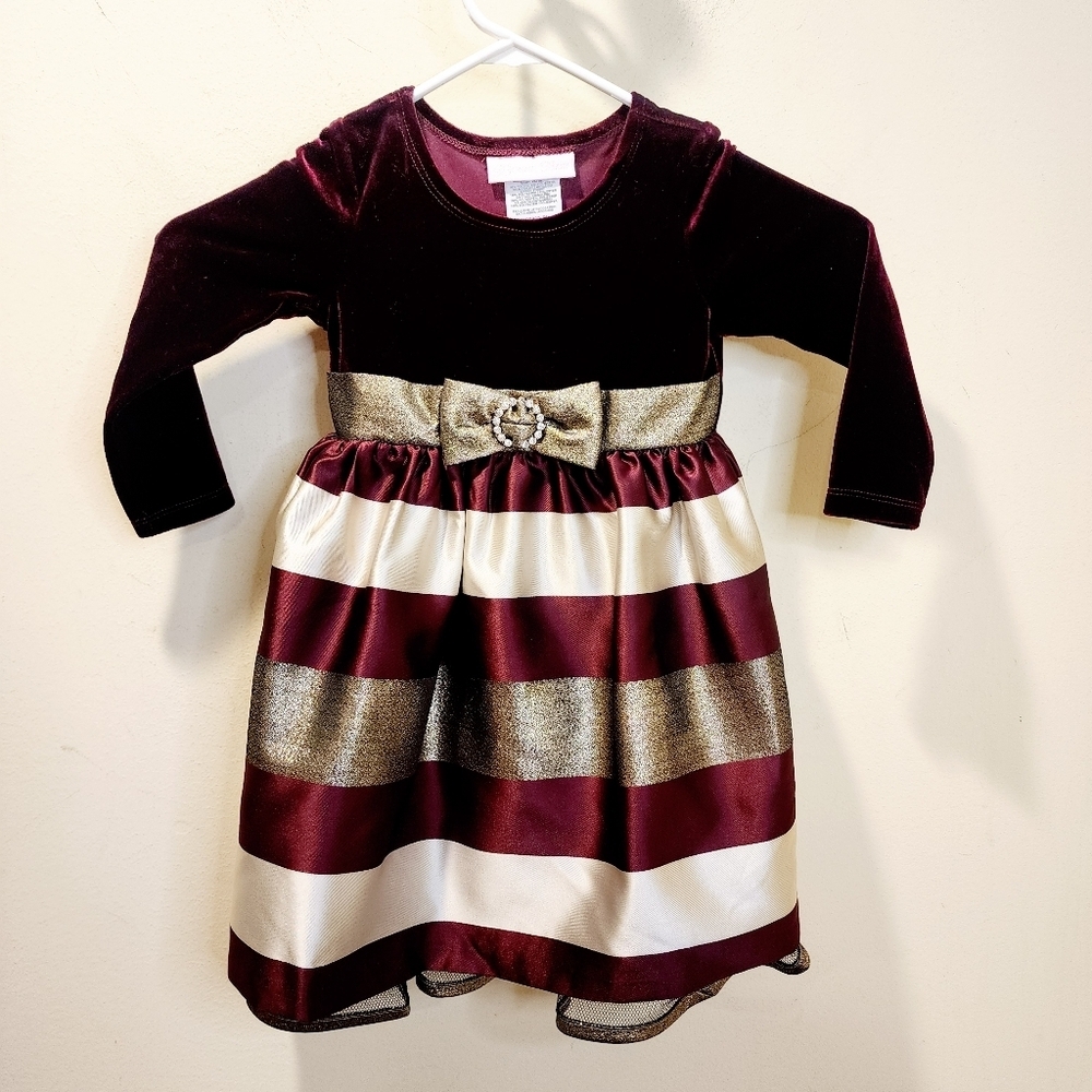 Bonnie Baby Burgundy and Gold Striped Party  Dress